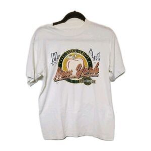 VINTAGE 90s New York White Tee Shirt Skyline Twin Towers Americana Travel Small